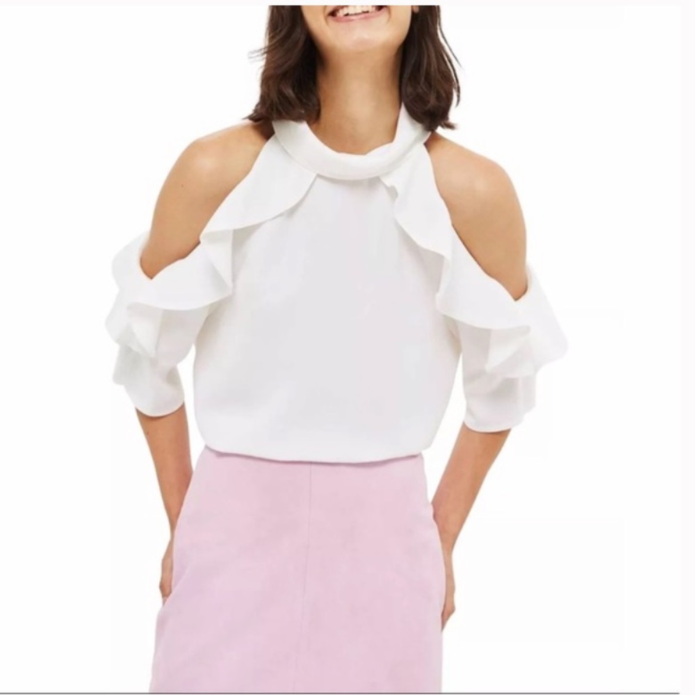 Topshop Size 2 White Cold Shoulder Ruffle Sleeve Blouse